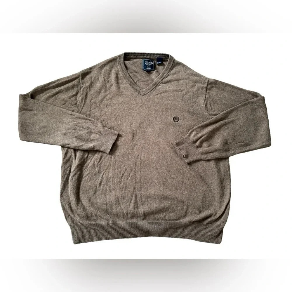 Chaps Cotton Cashmere Size 2XL Brown Knit Vneck Pullover Sweater
